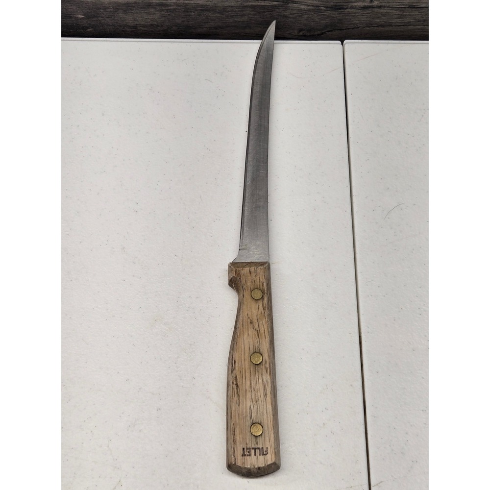 Vintage Stainless Steel Fillet Knife Wood Handle Brass Rivets 12 Inch Taiwan